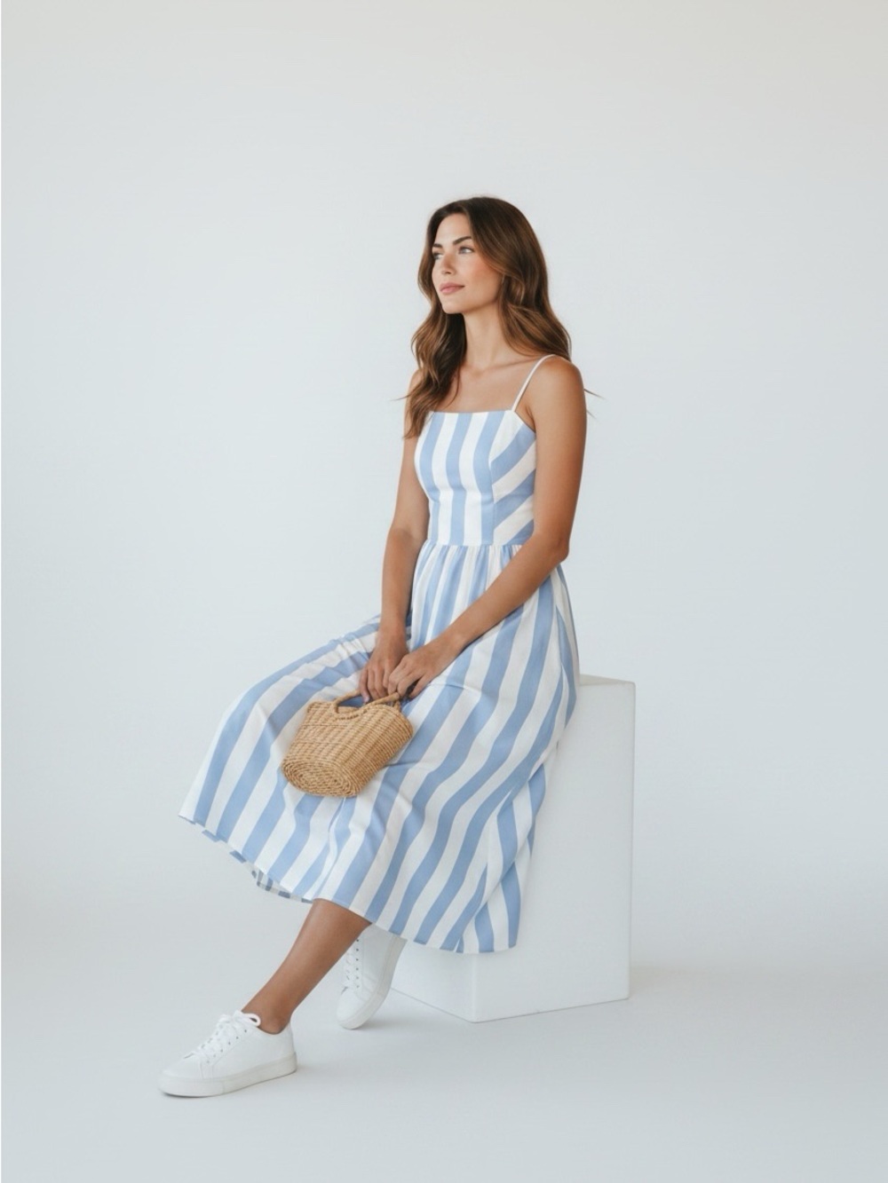 NWT Commense Blue and White Striped Spaghetti-Strap Midi Dress Size XS
